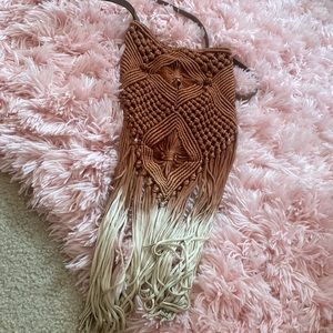 FREE PEOPLE Brown crochet fringe bag with leather strap, super unique